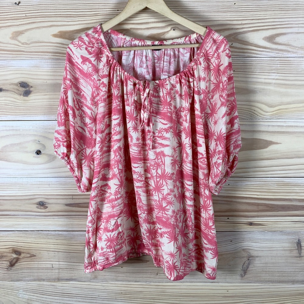 Torrid Blouse Women 2 Pink Tropical Palm Tree Print Puff Sleeve Peasant Top